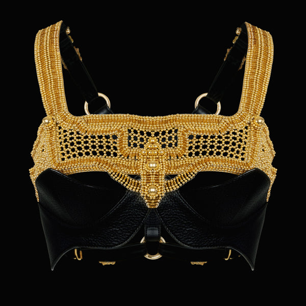 Gold Khutulun Modular Top w/ Black Leather Bra