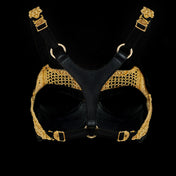 gold modular beaded khutulun top with premium leather in white background by object and dawn ghost image back view