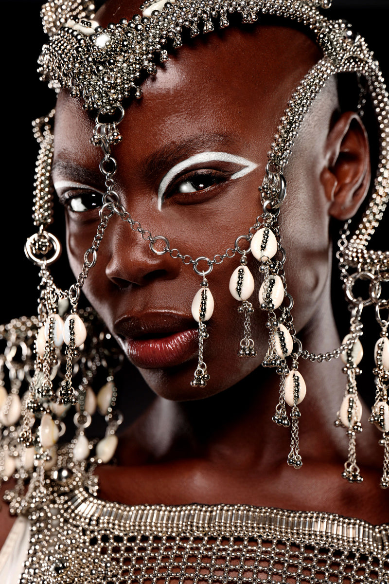 Complete Jas Modular Headpiece System:  w/Face Chain & Cowrie Shell Tassels, in Silver