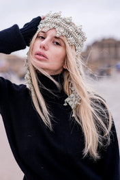 Object&Dawn modular crown with reversible clusters in pearl on blonde hair woman with black sweater