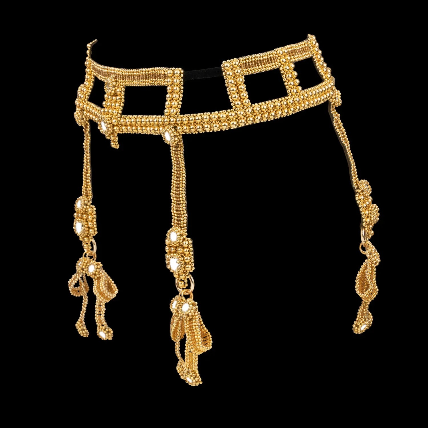 Object and Dawn Teuta modular belt with amaya bow gold ghost image in black background side view