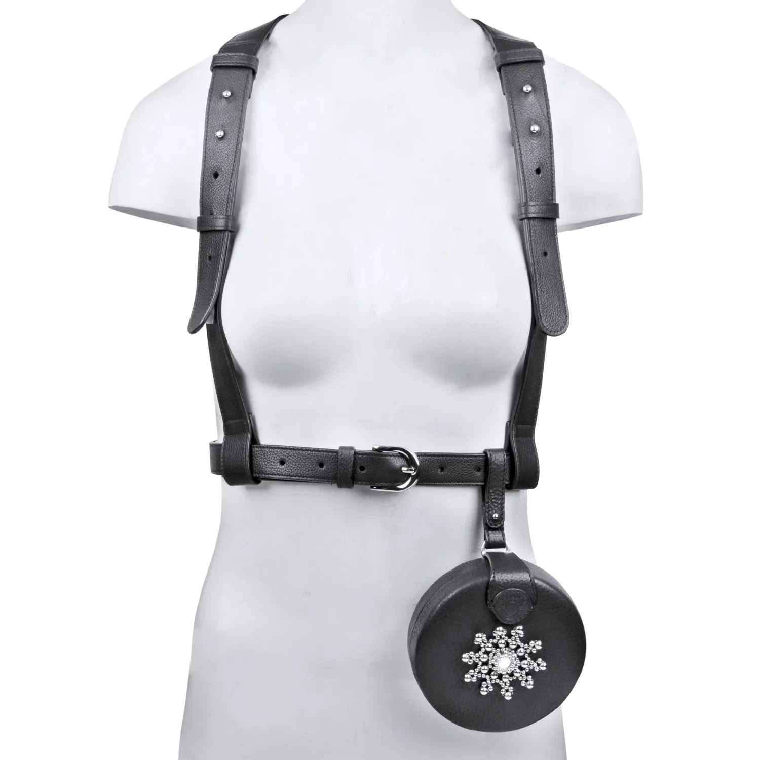 Premium Leather Harness with hard beaded coin bag black from object and dawn ghost images front view