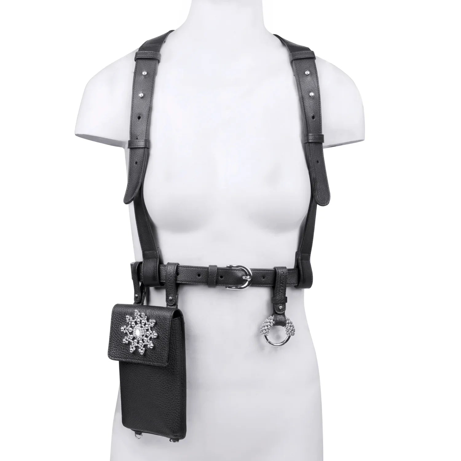 Premium Leather harness with beaded iphone bag with beaded key chain silver from object and dawn on mannequen ghost images front side