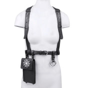 Premium Leather harness with beaded iphone bag with beaded key chain silver from object and dawn on mannequen ghost images front side