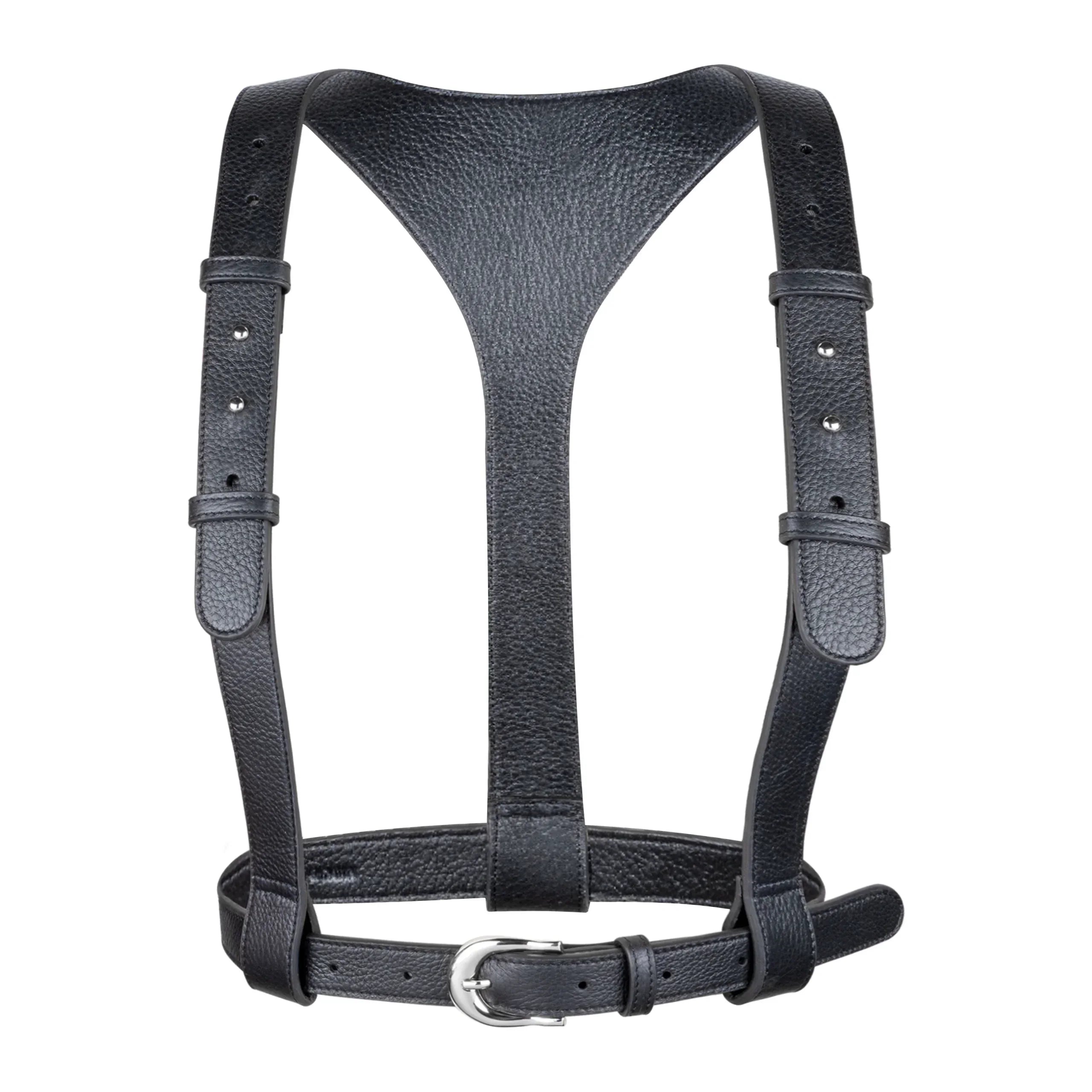 Object and Dawn premium modular leather harness black front view ghost image