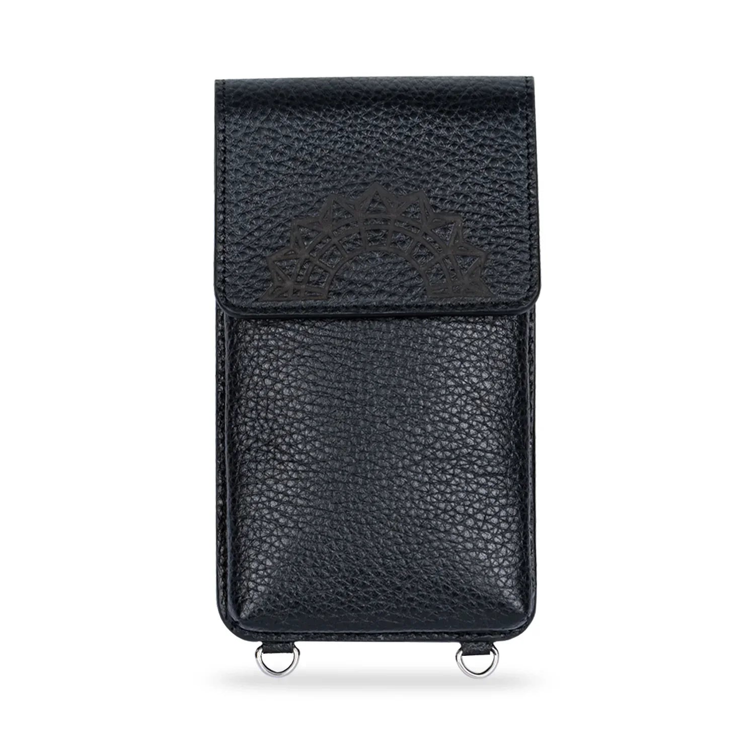 Leather iphone bag Zheng Yi Sao in black, Premium Cow handcrafted ghost image in white background front view Object & Dawn