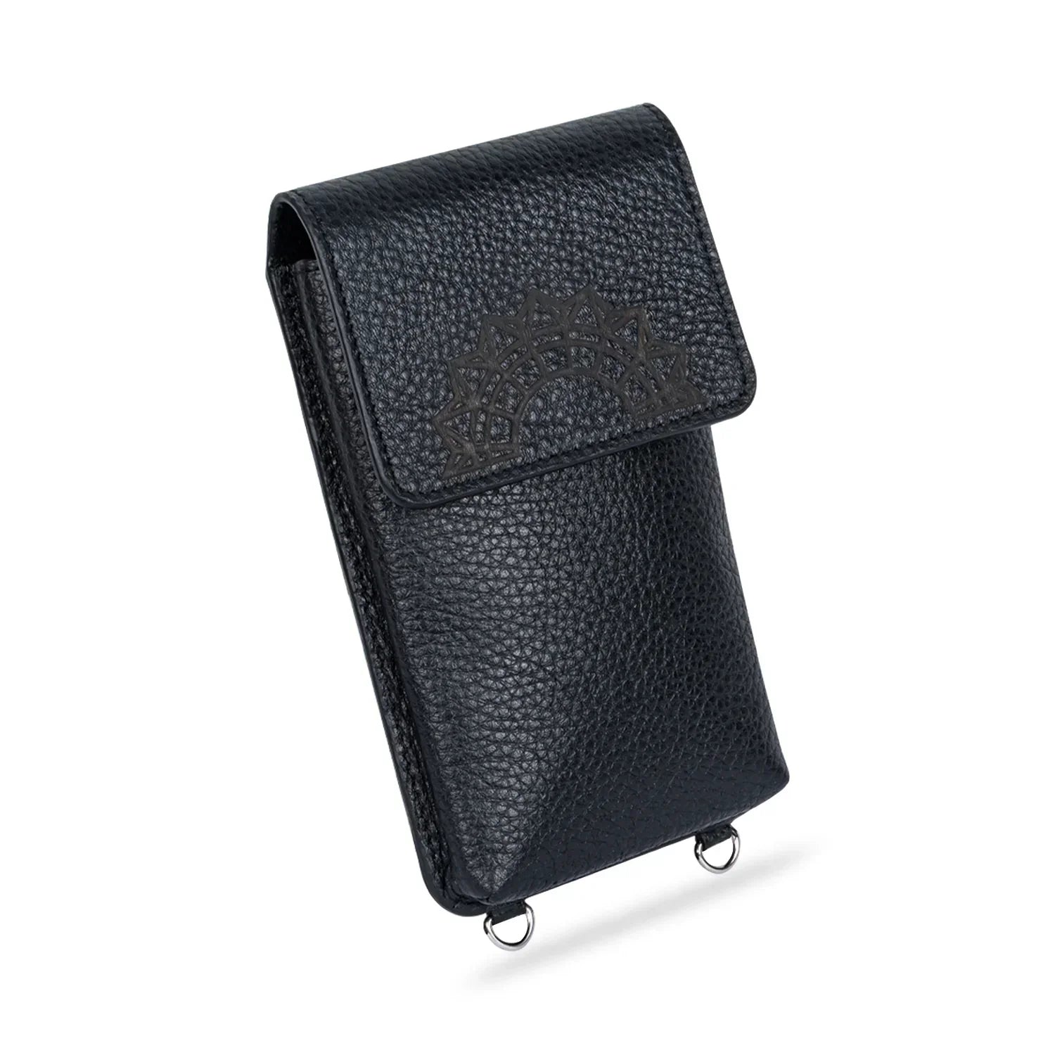 Leather iphone bag collections in black, Zheng Yi Sao by object and dawn ghost image in white background diagonal view