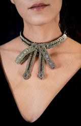 Amaya Choker by Object and Dawn is constructed entirely by hand with high quality metal beads that coated in polymer to preserve shine and ensure the item is hypoallergenic.  Ethically made by a team of our skilled in house artisans, with ancient techniques.  Fully lined in velvet for your ultimate comfort.