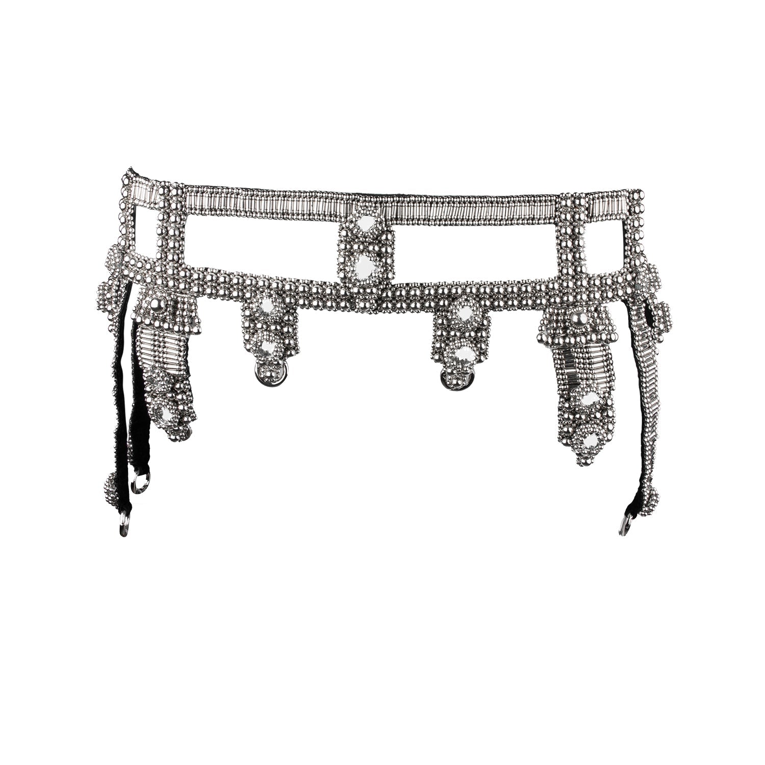 Amaya Modular Garter Belt by Object and Dawn is constructed entirely by hand with high quality metal beads that coated in polymer to preserve shine and ensure the item is hypoallergenic. The belt is detailed with hand cut mirror clusters and fully lined by hand in luxurious velvet for your ultimate comfort.  Ethically made by a team of our skilled in house artisans, with ancient techniques.
