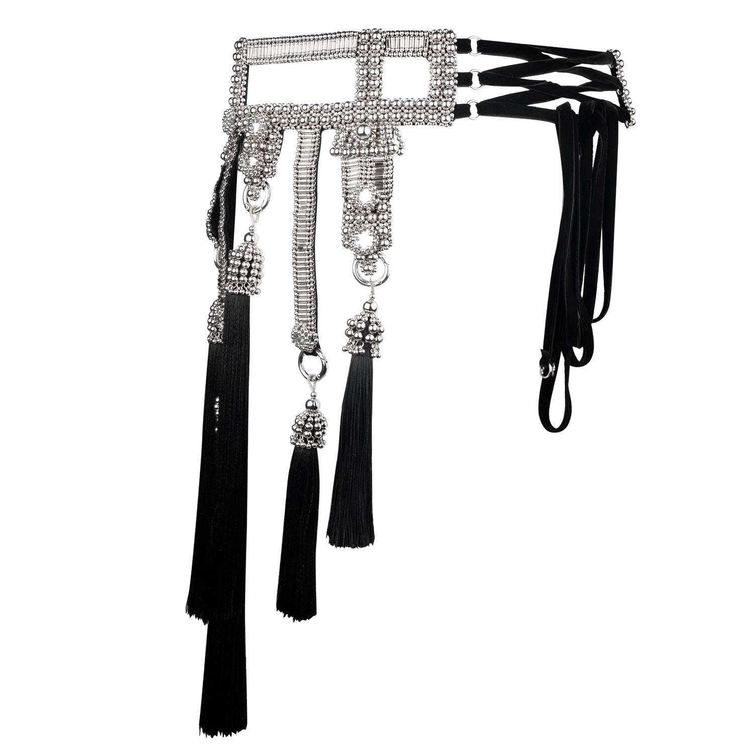 Amaya Modular Garter Belt by Object and Dawn is constructed entirely by hand with high quality metal beads that coated in polymer to preserve shine and ensure the item is hypoallergenic. The belt is detailed with hand cut mirror clusters and fully lined by hand in luxurious velvet for your ultimate comfort.  Ethically made by a team of our skilled in house artisans, with ancient techniques.