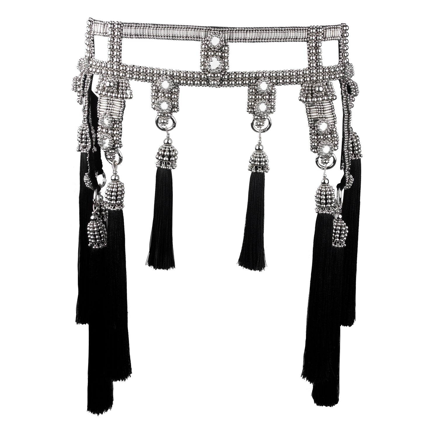 Amaya Modular Garter Belt by Object and Dawn is constructed entirely by hand with high quality metal beads that coated in polymer to preserve shine and ensure the item is hypoallergenic. The belt is detailed with hand cut mirror clusters and fully lined by hand in luxurious velvet for your ultimate comfort.  Ethically made by a team of our skilled in house artisans, with ancient techniques.