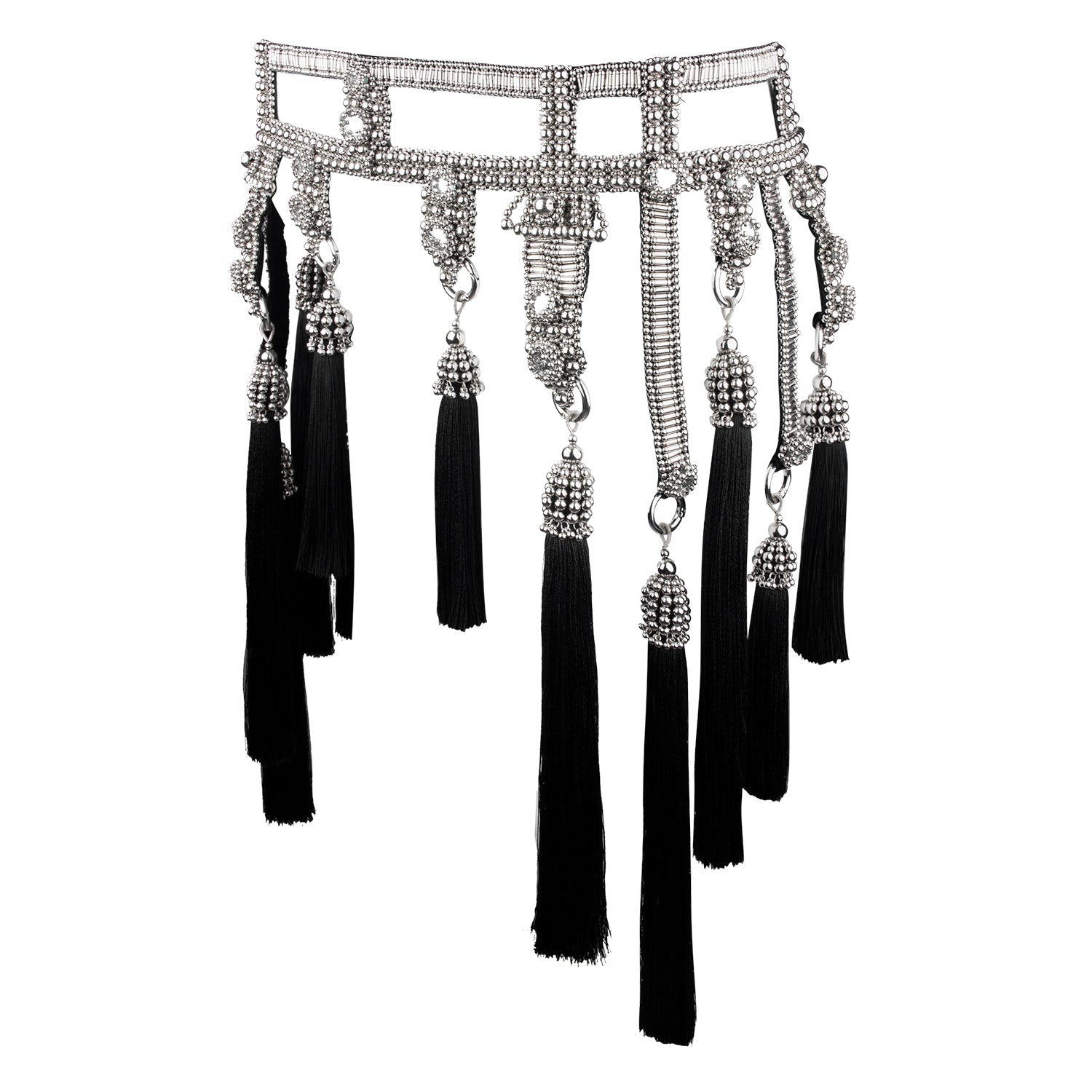 Amaya Modular Garter Belt by Object and Dawn is constructed entirely by hand with high quality metal beads that coated in polymer to preserve shine and ensure the item is hypoallergenic. The belt is detailed with hand cut mirror clusters and fully lined by hand in luxurious velvet for your ultimate comfort.  Ethically made by a team of our skilled in house artisans, with ancient techniques.