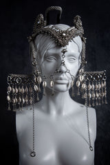 Complete Jas Modular Headpiece System:  w/Face Chain & Cowrie Shell Tassels, in Silver