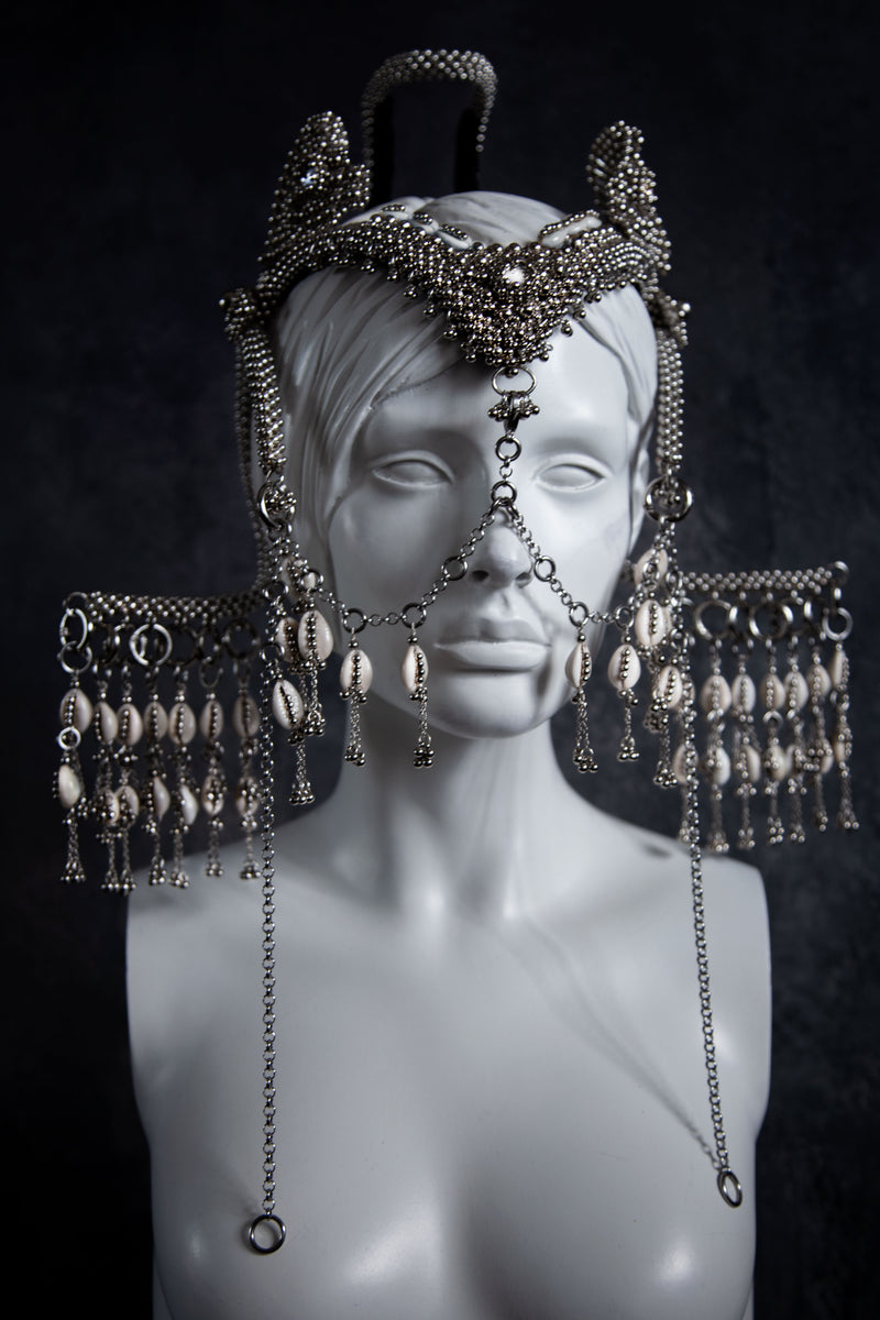 Complete Jas Modular Headpiece System:  w/Face Chain & Cowrie Shell Tassels, in Silver