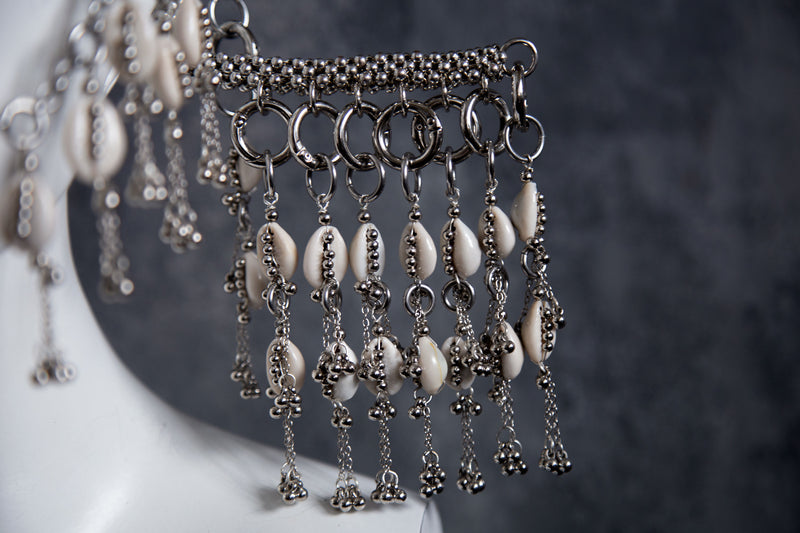 Complete Jas Modular Headpiece System:  w/Face Chain & Cowrie Shell Tassels, in Silver