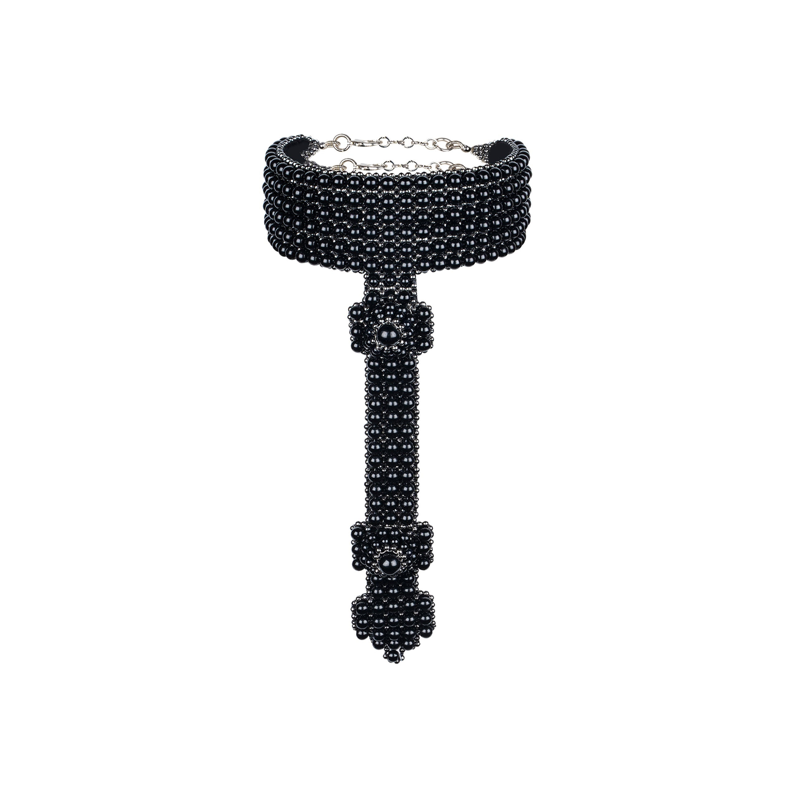Elohim T-Choker by Object and Dawn constructed entirely by hand with intricate black glass beads and high-quality, gunmetal-plated brass beads that are coated in polymer to preserve shine and ensure the item is hypoallergenic.  Ethically made with secret ancient techniques by our skilled artisans, each piece takes several days to make. Fully lined by hand in velvet for your ultimate comfort.
