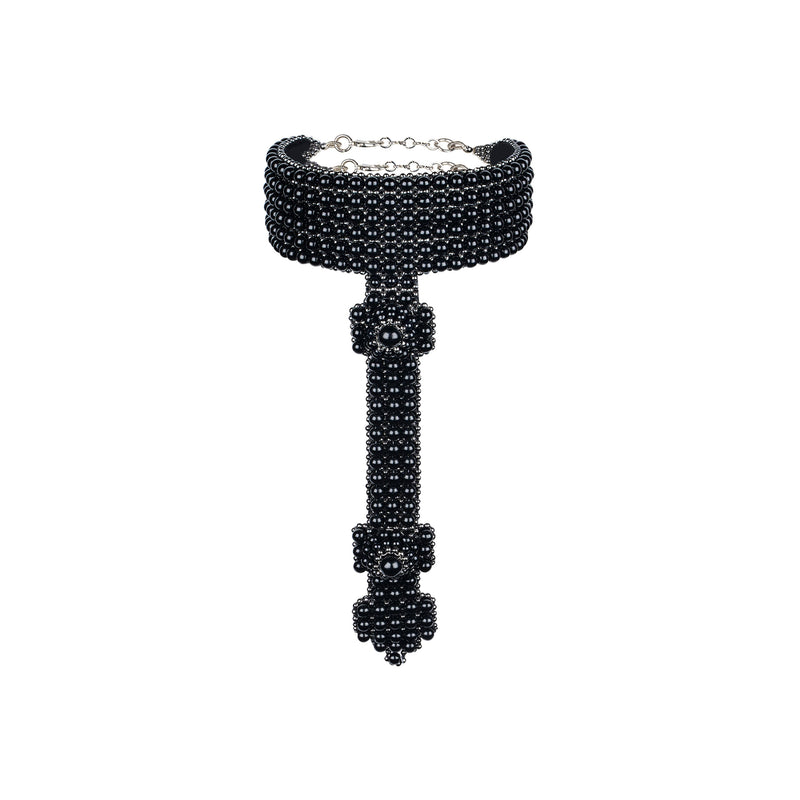 Elohim T-Choker by Object and Dawn constructed entirely by hand with intricate black glass beads and high-quality, gunmetal-plated brass beads that are coated in polymer to preserve shine and ensure the item is hypoallergenic.  Ethically made with secret ancient techniques by our skilled artisans, each piece takes several days to make. Fully lined by hand in velvet for your ultimate comfort.