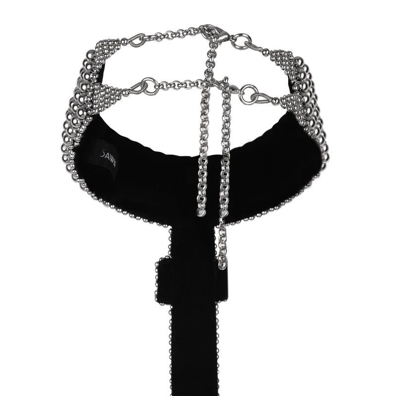 Elohim T-Choker by Object and Dawn constructed entirely by hand with high quality metal beads that coated in polymer to preserve shine and ensure the item is hypoallergenic. Ethically made with secret ancient techniques by our skilled artisans, each piece takes several days to make. Fully lined by hand in velvet for your ultimate comfort.