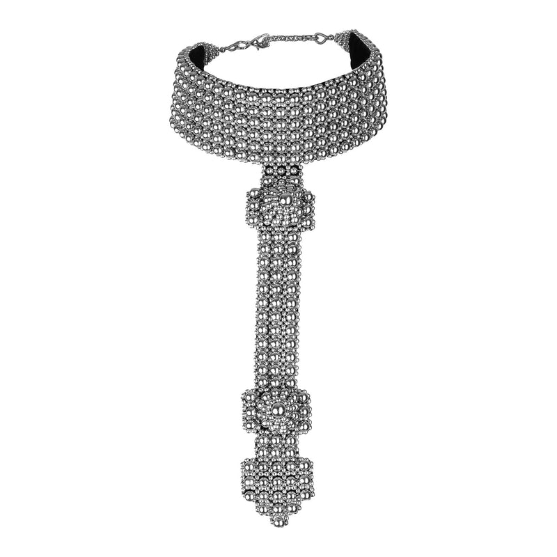 Elohim T-Choker by Object and Dawn constructed entirely by hand with high quality metal beads that coated in polymer to preserve shine and ensure the item is hypoallergenic. Ethically made with secret ancient techniques by our skilled artisans, each piece takes several days to make. Fully lined by hand in velvet for your ultimate comfort.